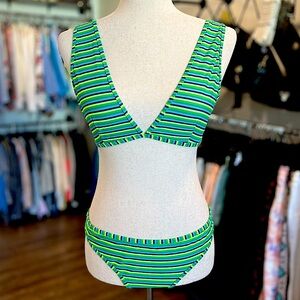 Aerie Swimwear Bikini Set V-Neck Top & Classic Bottoms in Neon Green Stripe